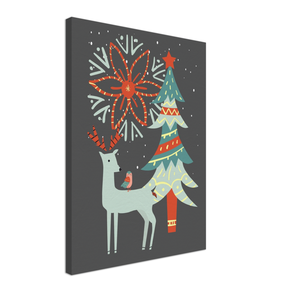 Festive Reindeer and Christmas Tree on Canvas