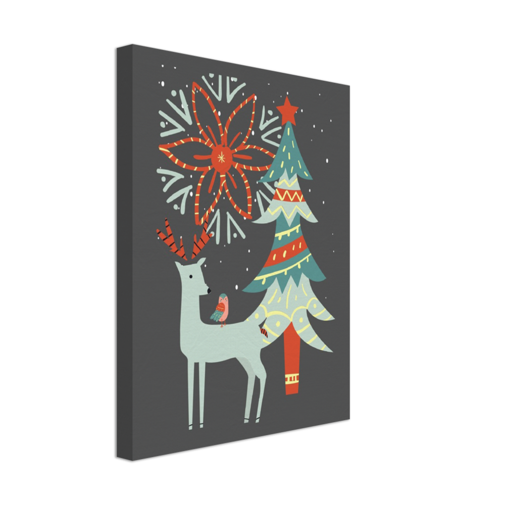 Festive Reindeer and Christmas Tree on Canvas