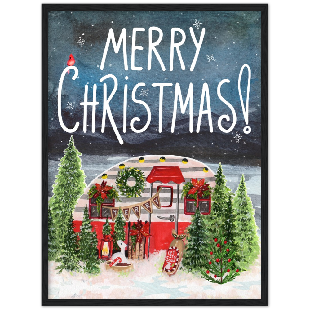 Retro Trailer Modern Merry Christmas Premium Wooden Framed Poster