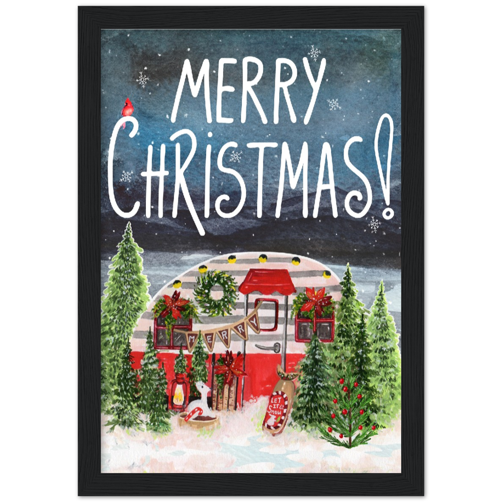 Retro Trailer Modern Merry Christmas Premium Wooden Framed Poster