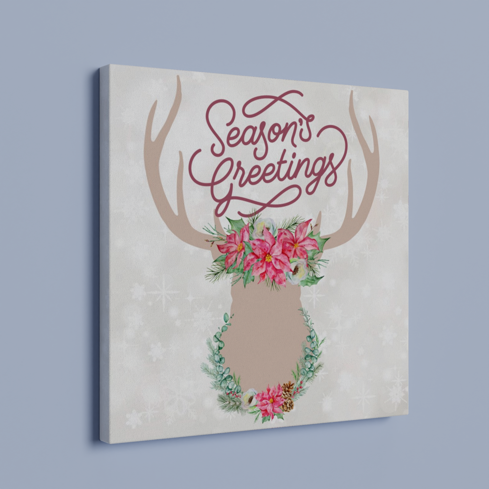 Season's Greetings Stag with Pink Flowers on Canvas