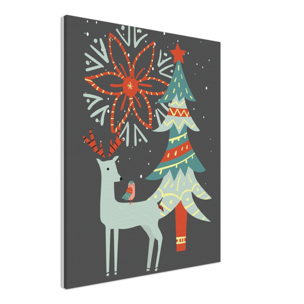 Festive Reindeer and Christmas Tree on Canvas