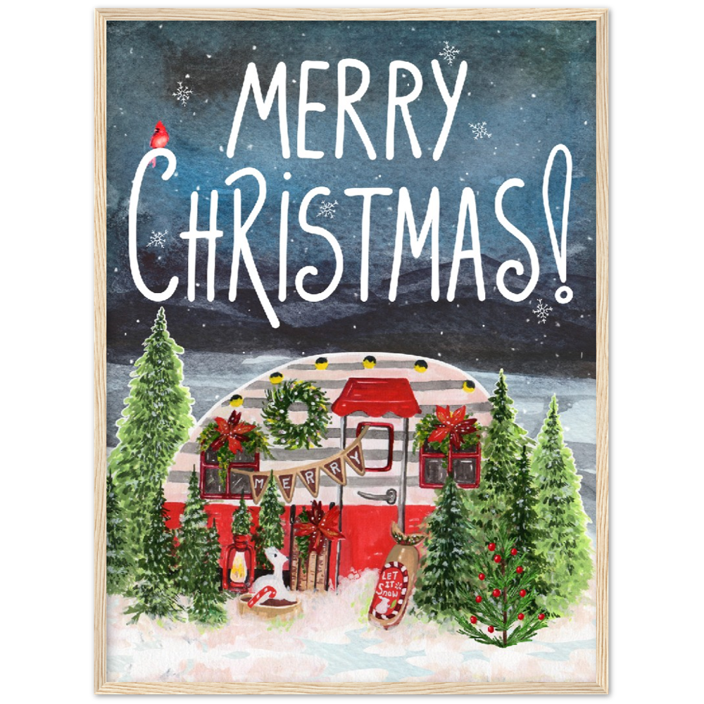 Retro Trailer Modern Merry Christmas Premium Wooden Framed Poster