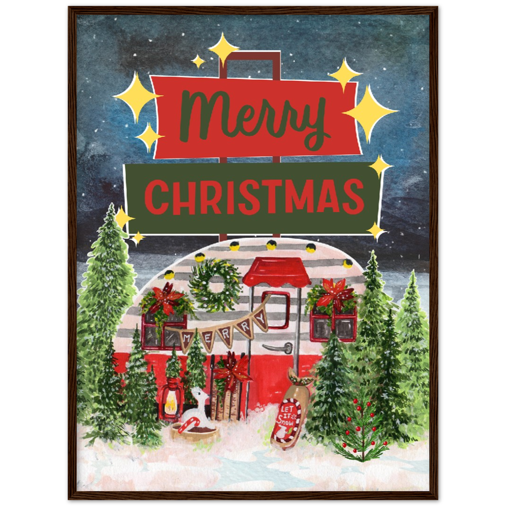 Retro Trailer Merry Christmas Premium Wooden Framed Poster