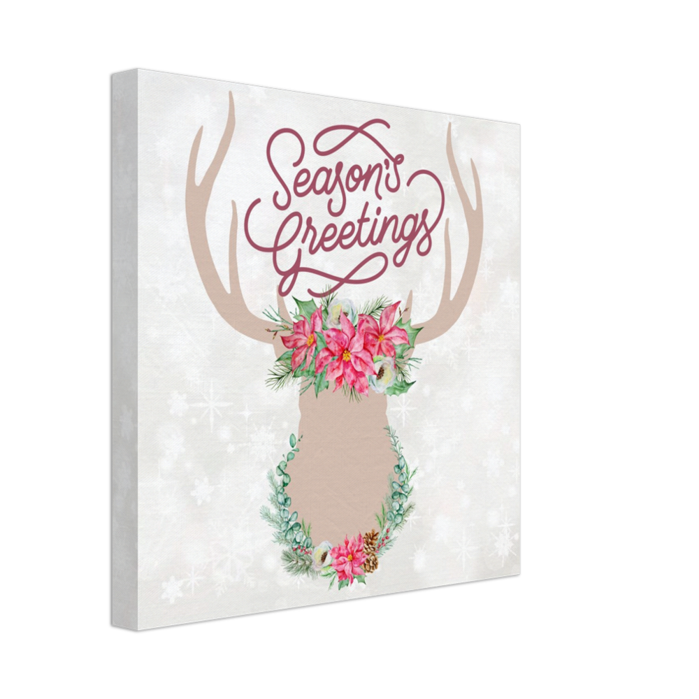 Season's Greetings Stag with Pink Flowers on Canvas