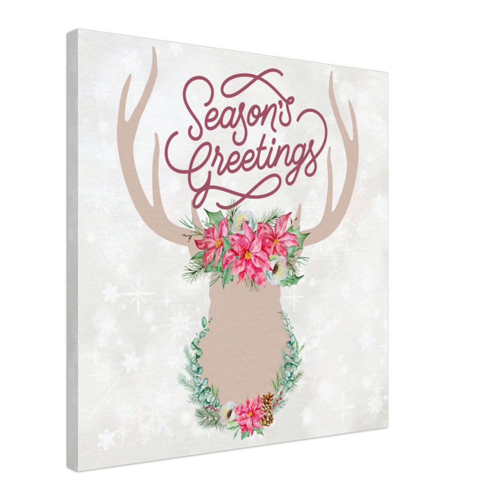 Season's Greetings Stag with Pink Flowers on Canvas