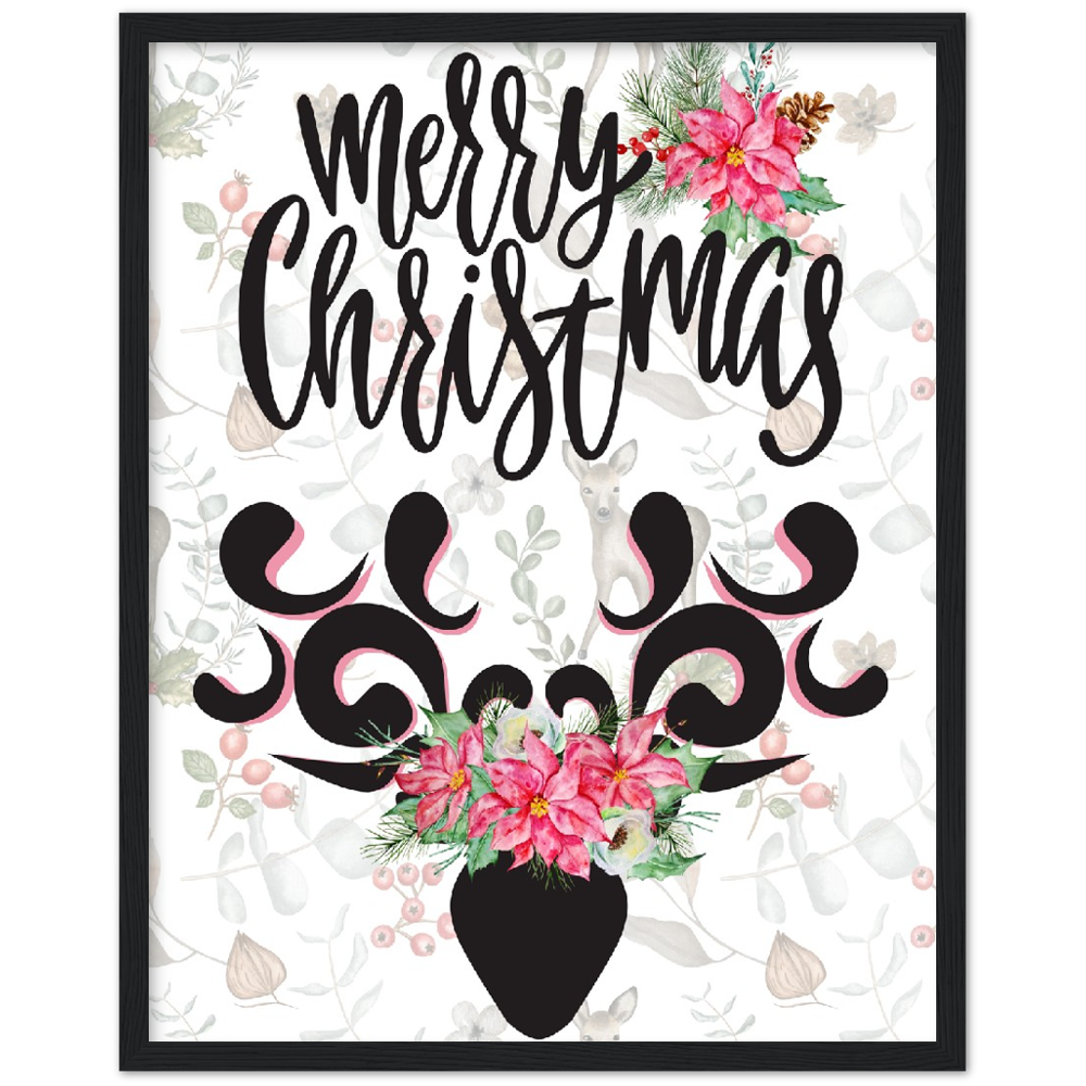 Fancy Christmas Stag with Flowers Premium Wooden Framed Poster