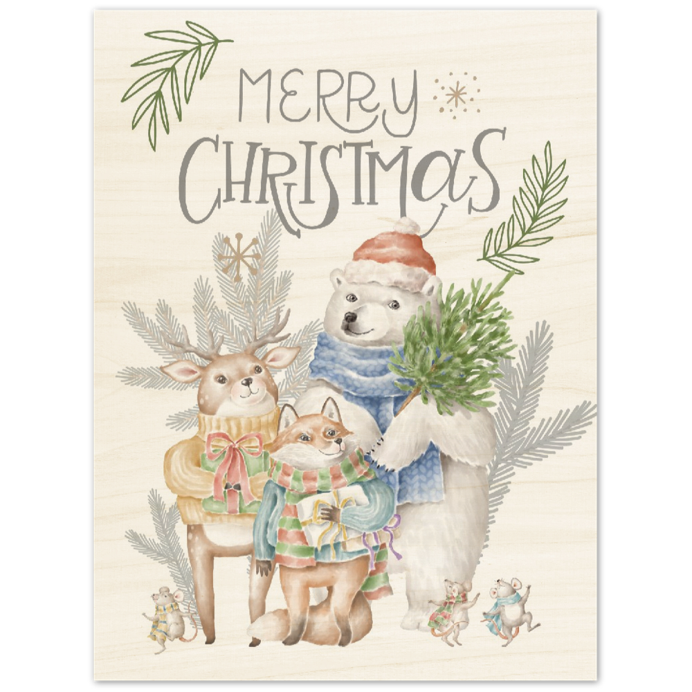 Happy Animals Merry Christmas on Wood