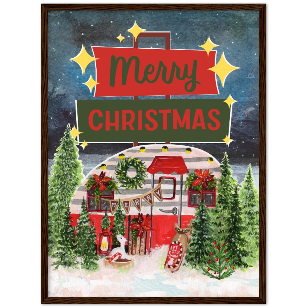 Retro Trailer Merry Christmas Premium Wooden Framed Poster