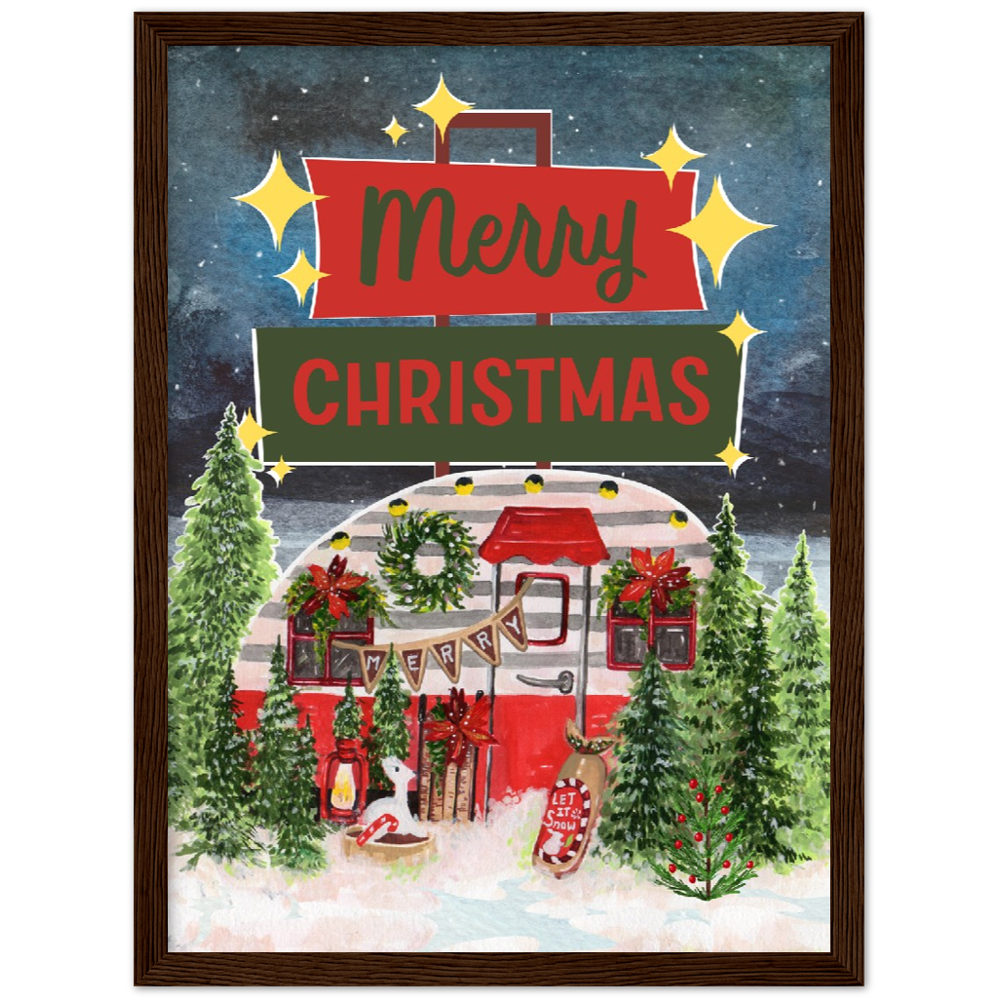 Retro Trailer Merry Christmas Premium Wooden Framed Poster