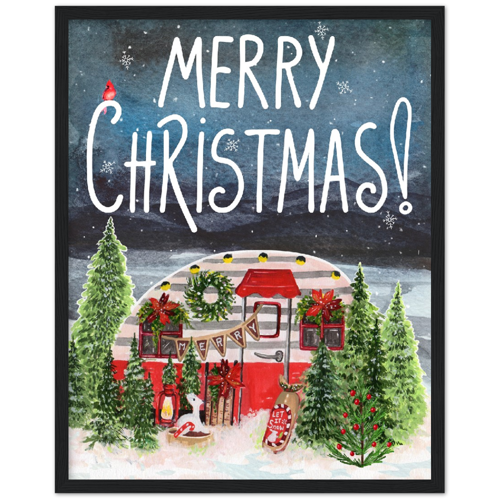 Retro Trailer Modern Merry Christmas Premium Wooden Framed Poster