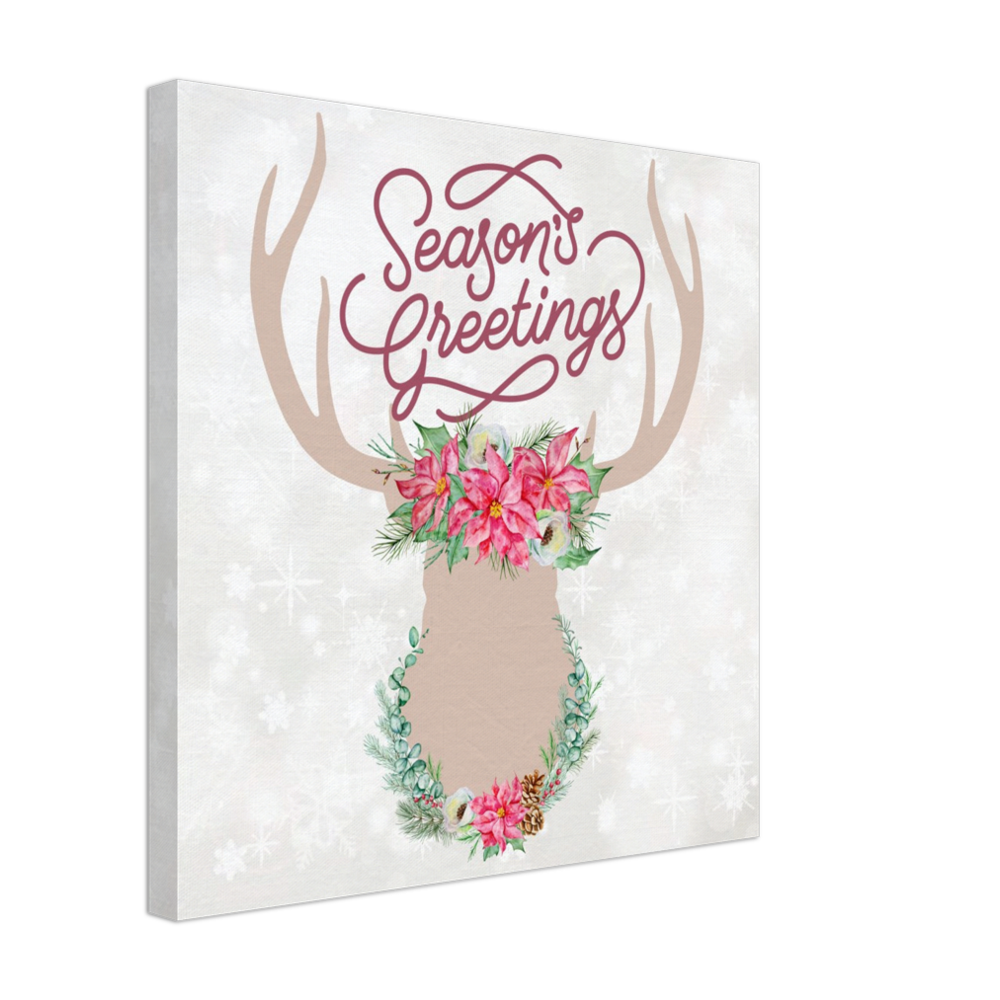 Season's Greetings Stag with Pink Flowers on Canvas