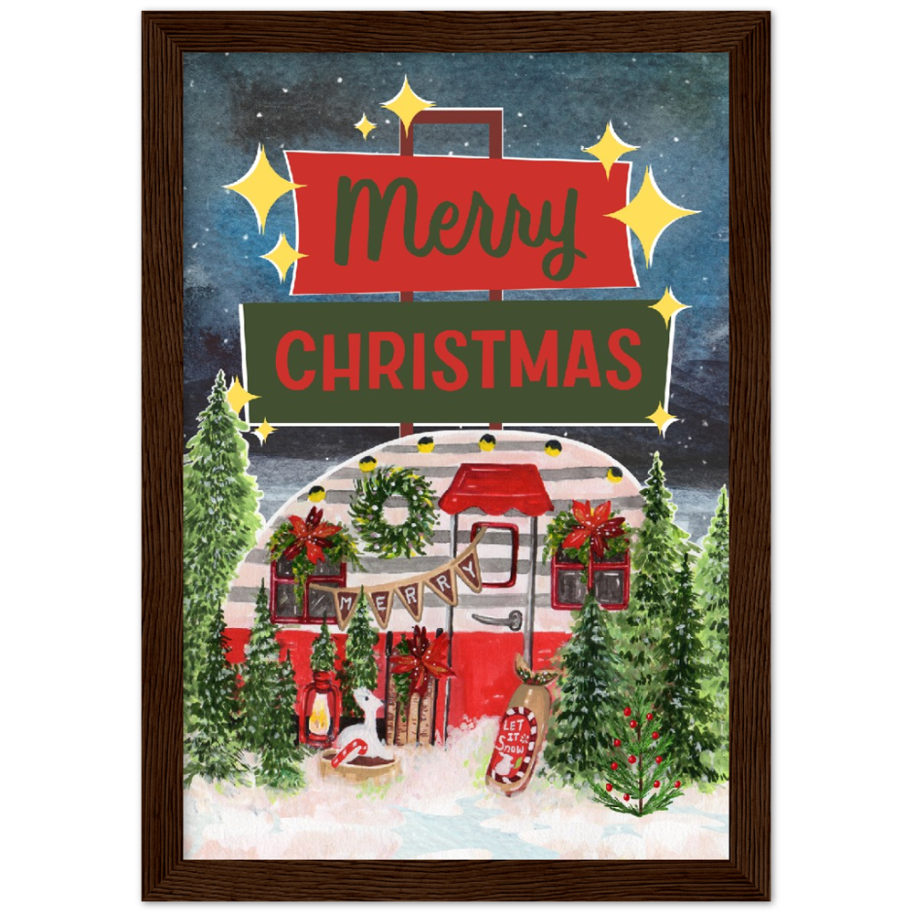 Retro Trailer Merry Christmas Premium Wooden Framed Poster