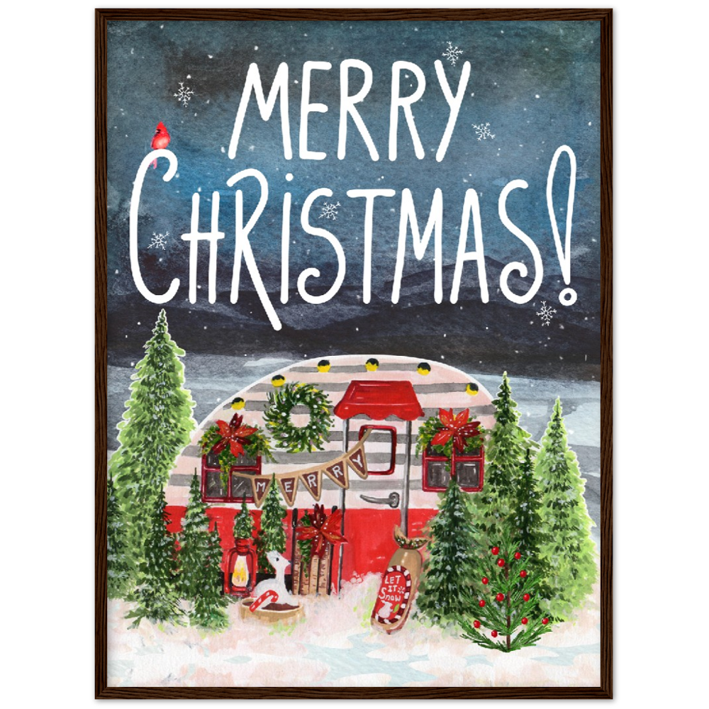 Retro Trailer Modern Merry Christmas Premium Wooden Framed Poster