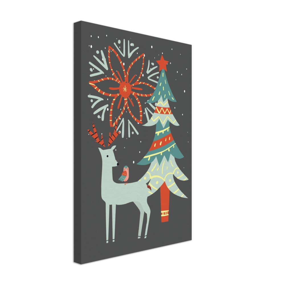 Festive Reindeer and Christmas Tree on Canvas