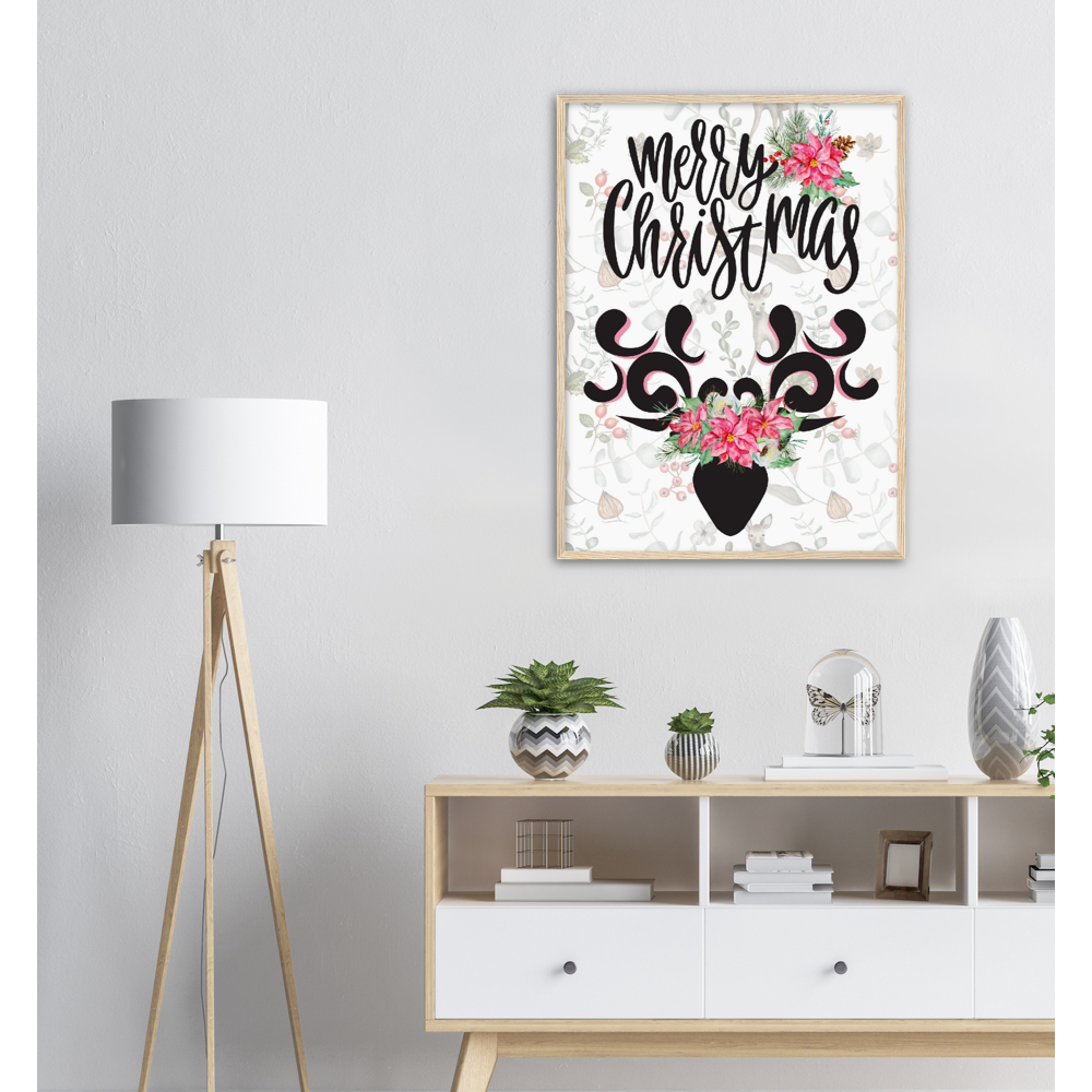 Fancy Christmas Stag with Flowers Premium Wooden Framed Poster