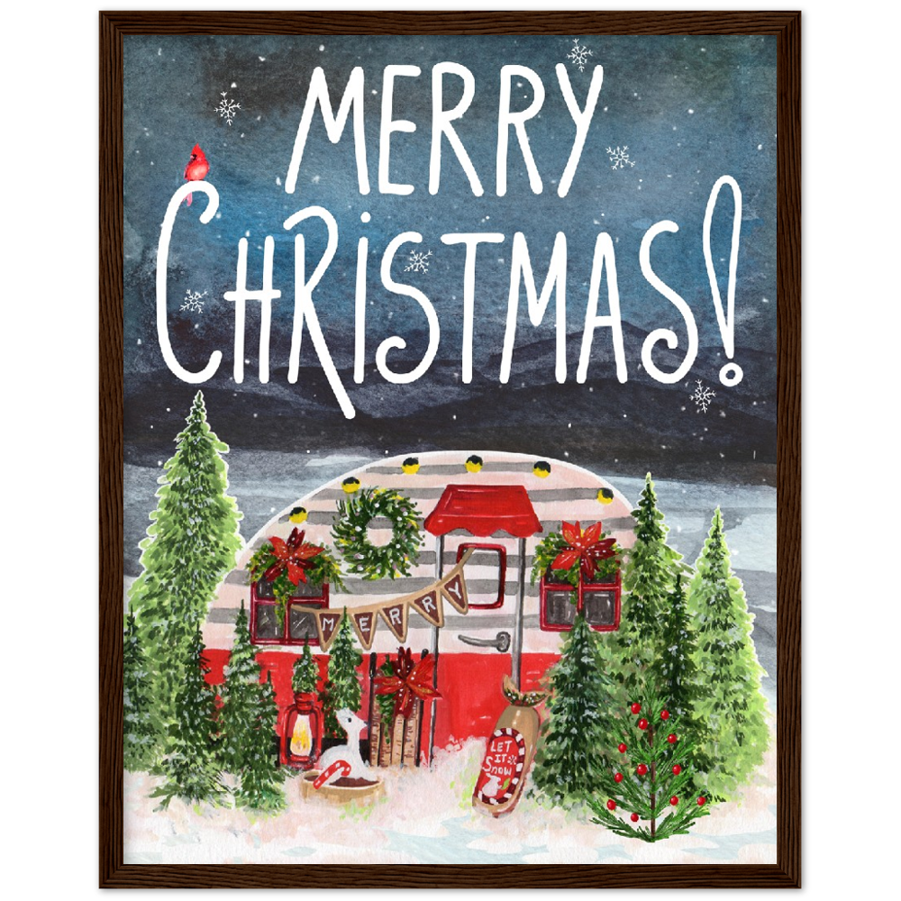 Retro Trailer Modern Merry Christmas Premium Wooden Framed Poster