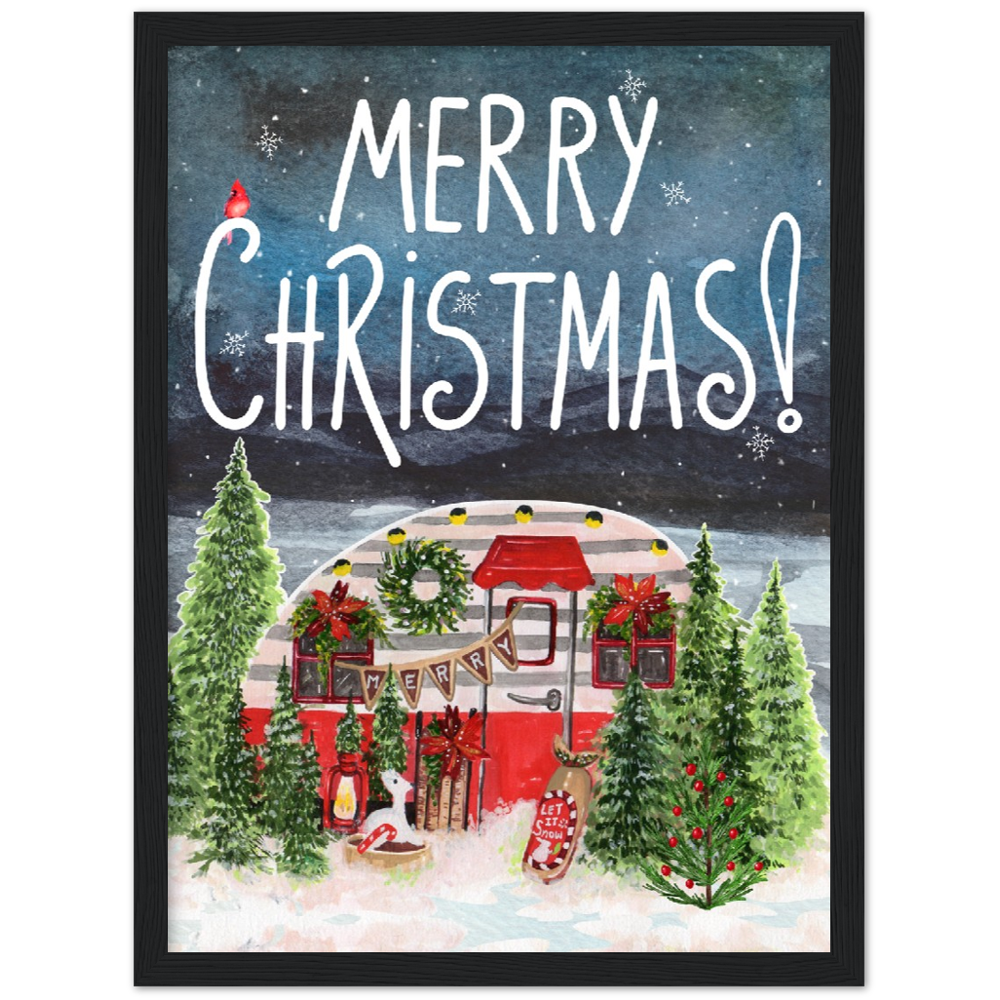 Retro Trailer Modern Merry Christmas Premium Wooden Framed Poster