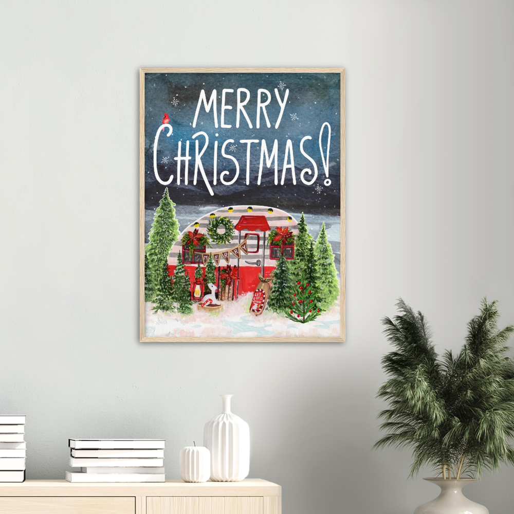 Retro Trailer Modern Merry Christmas Premium Wooden Framed Poster