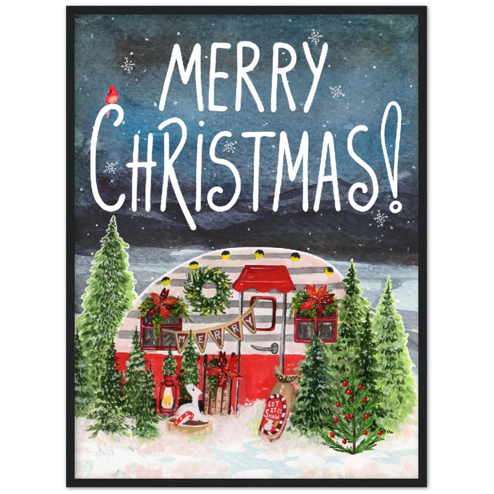 Retro Trailer Modern Merry Christmas Premium Wooden Framed Poster