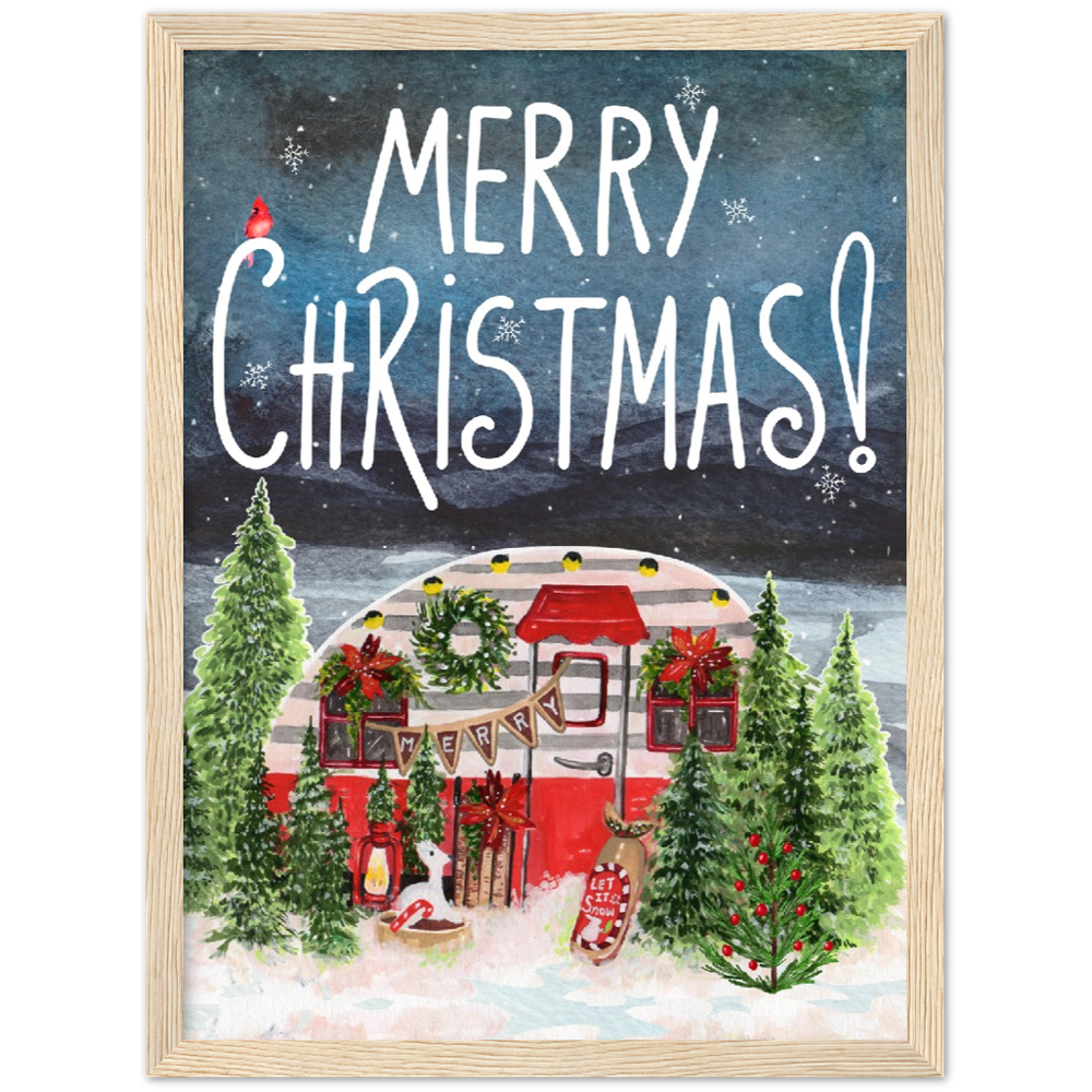 Retro Trailer Modern Merry Christmas Premium Wooden Framed Poster