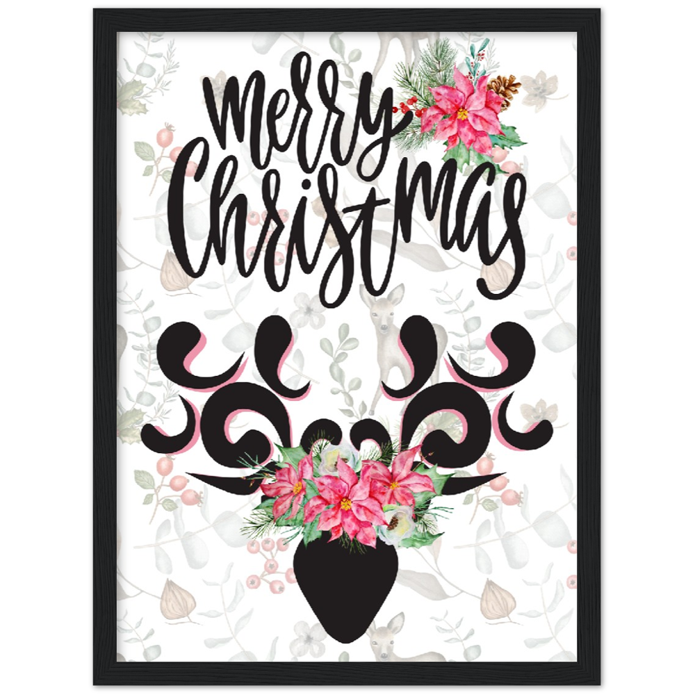 Fancy Christmas Stag with Flowers Premium Wooden Framed Poster