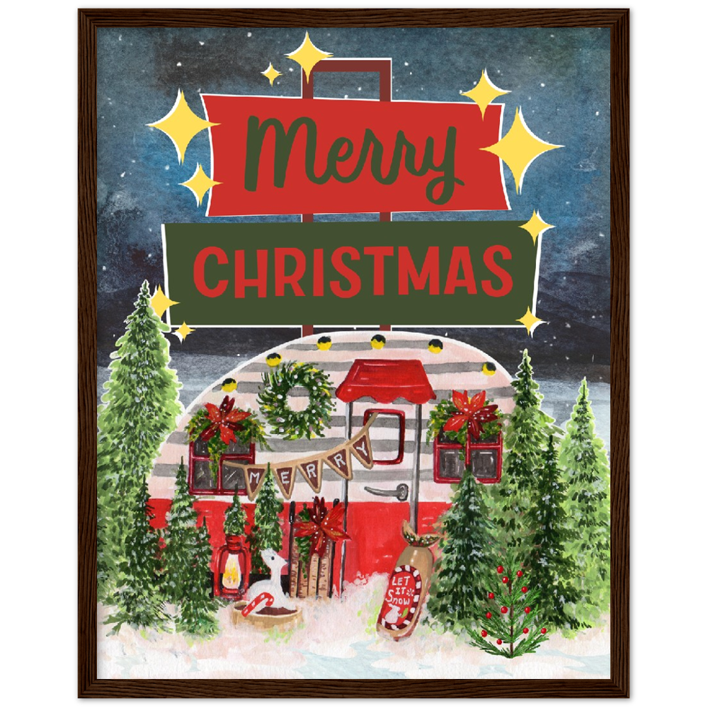 Retro Trailer Merry Christmas Premium Wooden Framed Poster