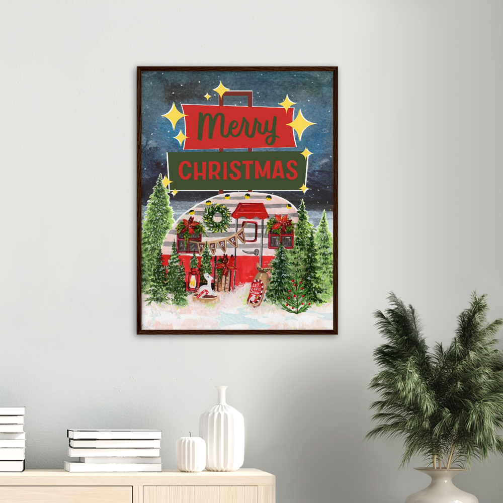 Retro Trailer Merry Christmas Premium Wooden Framed Poster